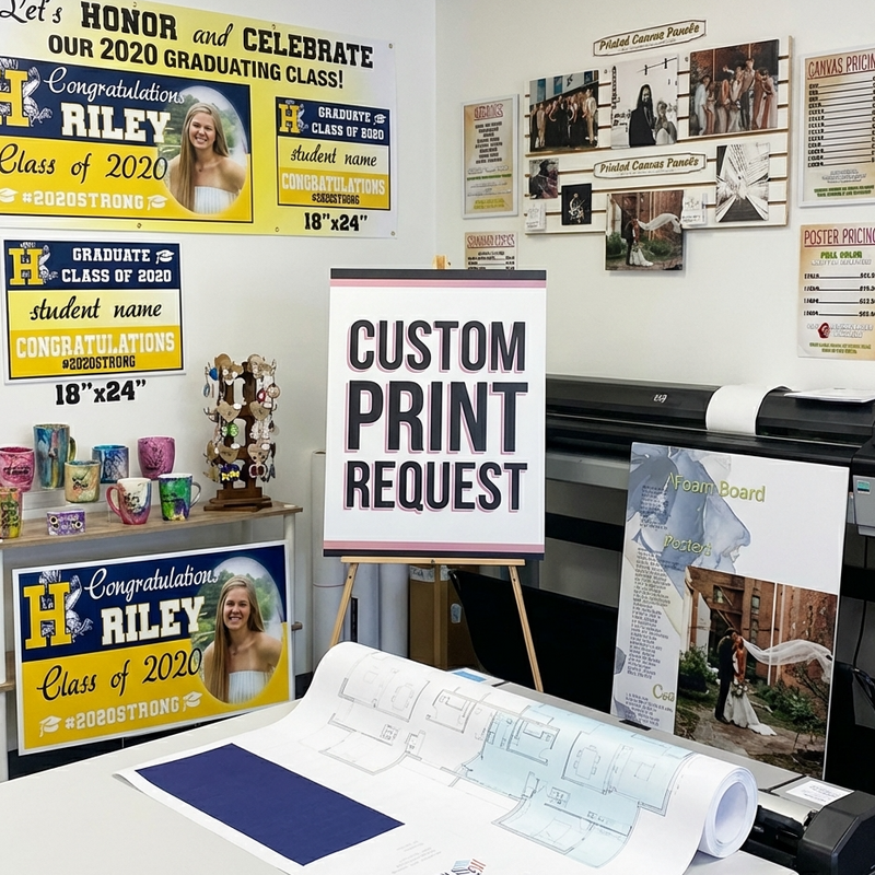 Print shop with graduation-themed posters, a 'Custom Print Request' sign, and printing equipment.