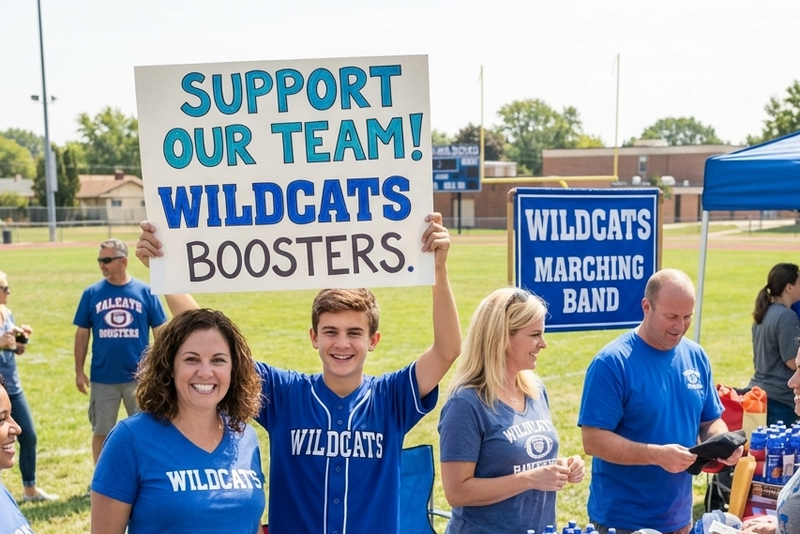 People at a sports event with 'Wildcats Boosters' table and signs.