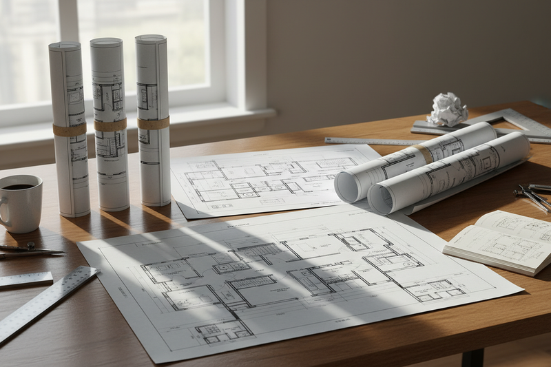 blueprints rolled on a desktop, multiple roles.  Some blueprints laid out on a desk.