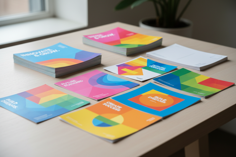 Make colorful, eye catching business flyers and business postcards sitting on a desktop, make the image somewhat up close.